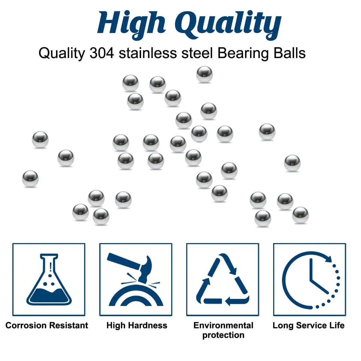 2mm Stainless Steel Precision Balls Set, 1500 Pcs of 304 Grade Bearing Balls for Models, Bearings, and Crafts displayed with features