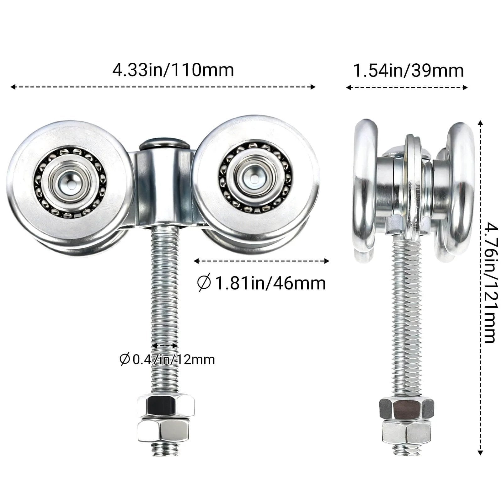2Pcs Wheel Trolley Assembly Barn Door Rollers with dimensions for 1-3/4" wide and 2-1/4" tall rail hanging track.