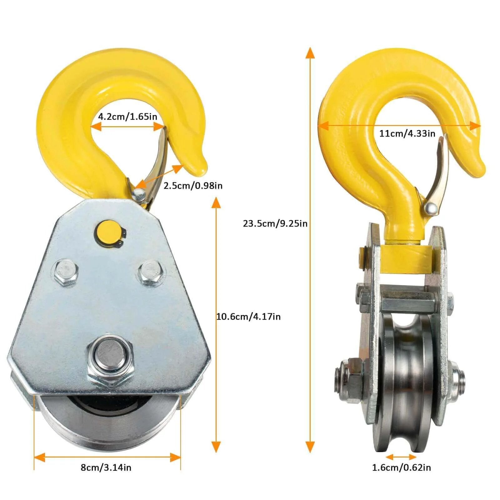 Front and side view of 2Ton Pulley Hook Heavy Duty Pulley Lifting Block Hoist with Hook for 5/8" Wire Rope Snatch Block 1Pack