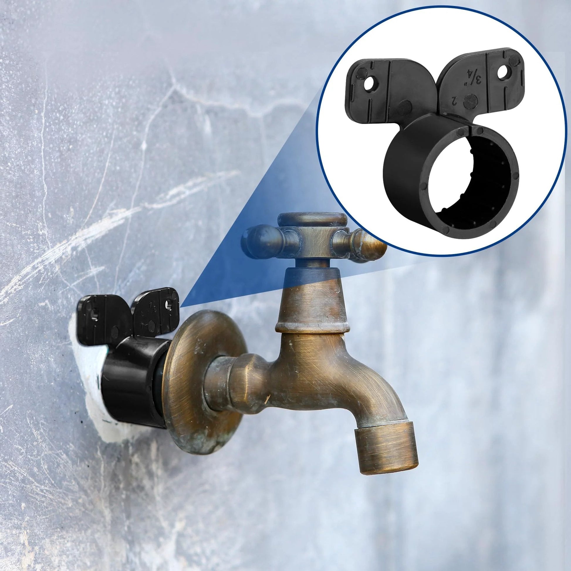 Heavy Duty Three Quarters Inch Suspension Pipe Clamps Set Butterfly Style PEX Tubing Clamps Black installed on a wall faucet.