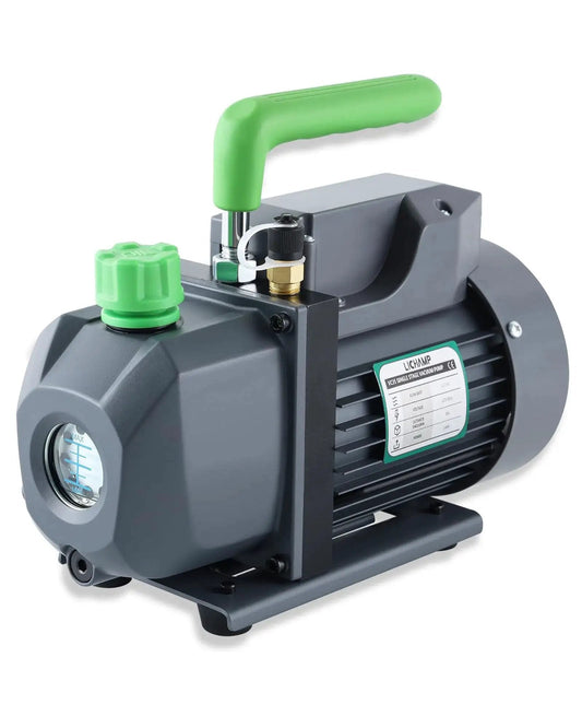 High Performance Three Point Five CFM Single Stage HVAC Vacuum Pump with One Quarter HP 110 Volt Motor, green handle, gray body