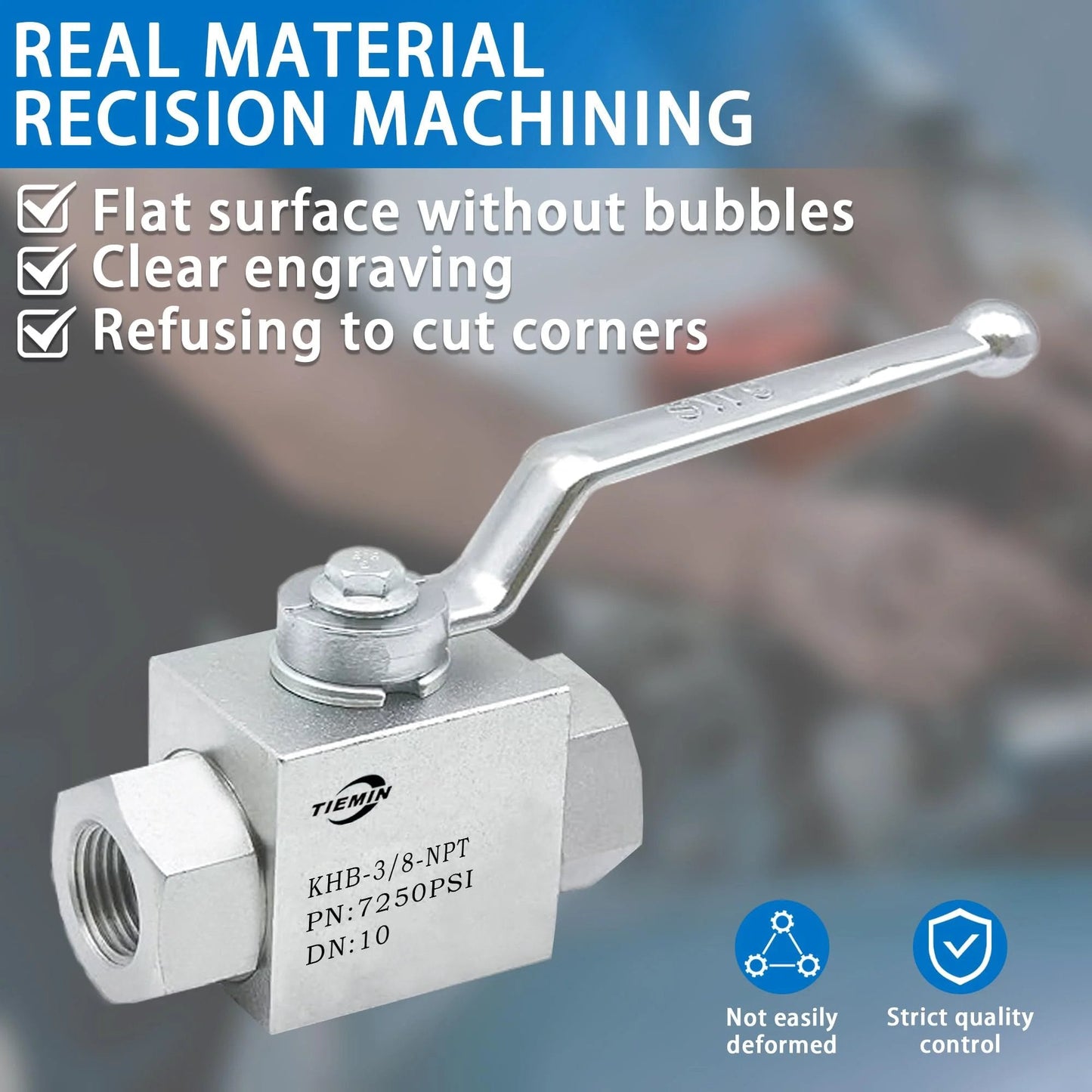 Heavy Duty High Pressure Hydraulic Ball Valve Three Eighths Inch NPT 7250 PSI Capacity Two Way Shut Off Industrial Grade Carbon Steel Zinc Plated built tough, showing clear engraving and handle.