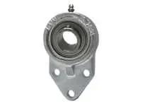 Front view of Single 3-bolt flange set screw unit 1-1/8 in (28.58 mm) ID, stainless insert, nickel-plated cast iron housing, sealed ball bearing for washdown, HVAC and industrial equipment.