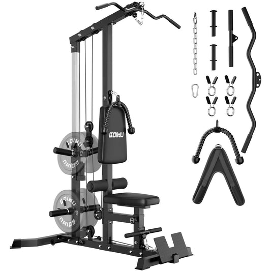 3 In 1 Pulley Station For Home Gym With Lat Pulldown Overhead Movements, Low Row And AB Crunch, shown with attachments