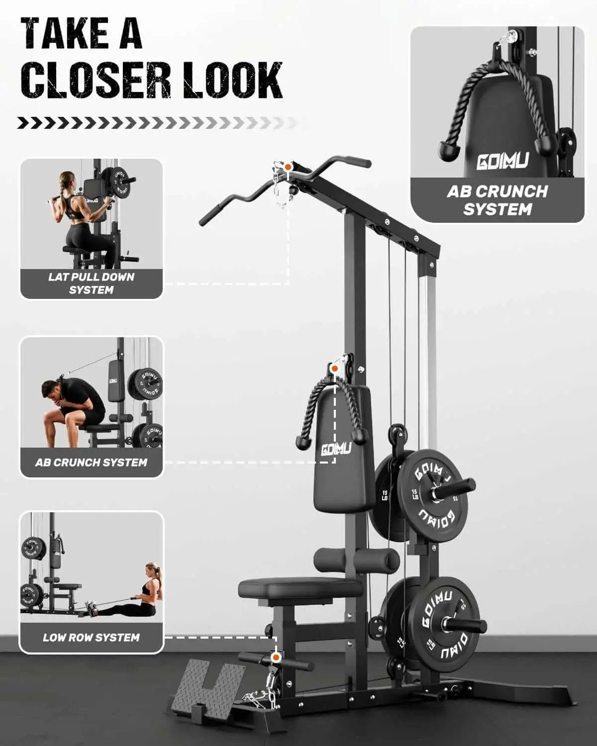 3 In 1 Pulley Station For Home Gym With Lat Pulldown Overhead Movements, Low Row And AB Crunch, cable row attachment, close-up view