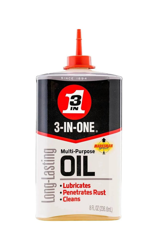 Front view of 3-IN-ONE Multi-Purpose Oil, 8 OZ bottle with twist spout, labeled for lubrication, rust penetration, and cleaning.