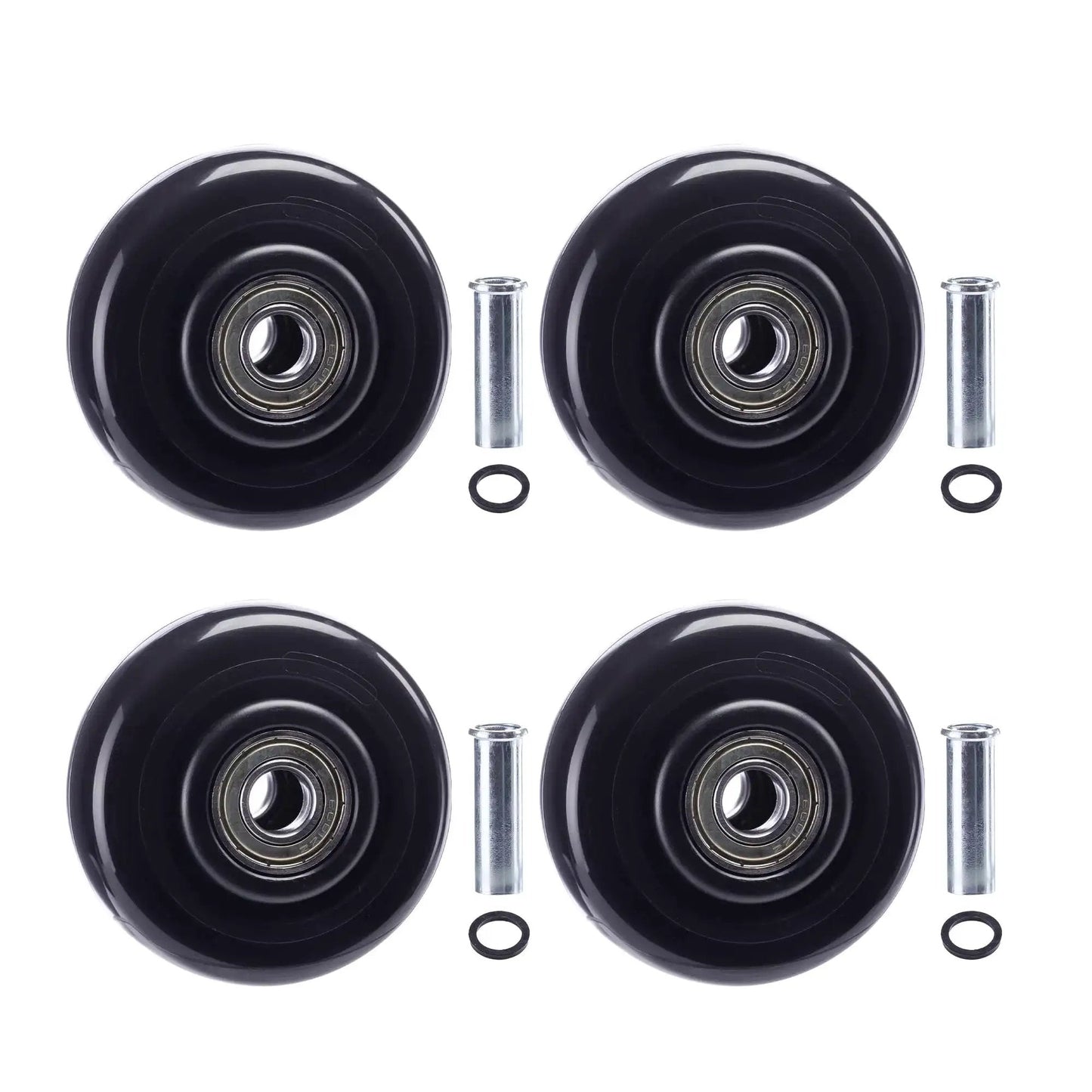 4 pack of 3 inch heavy duty PU board caster wheels for carts, shown with three-eighth inch axles and O-rings for platform trucks.