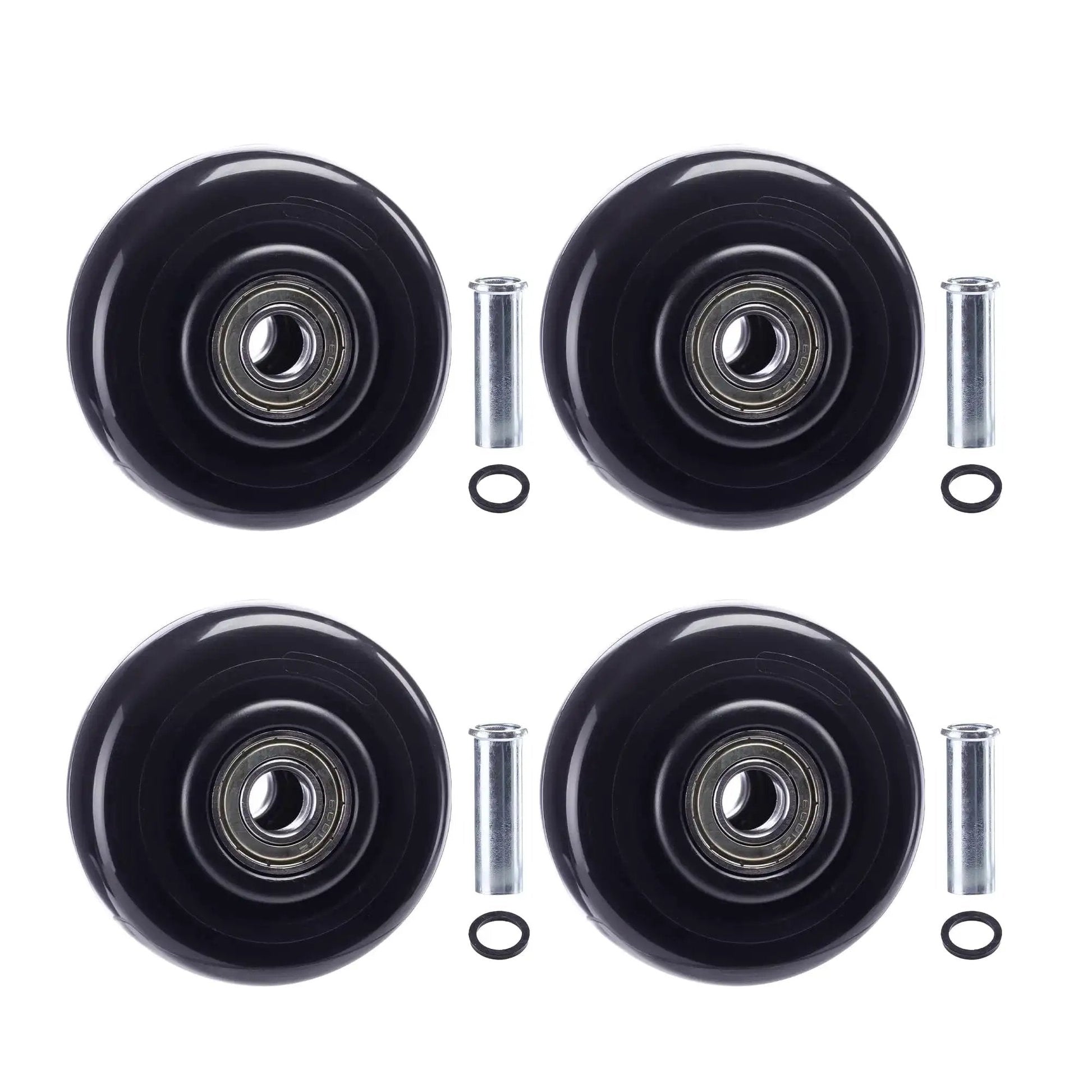 4 pack of 3 inch heavy duty PU board caster wheels for carts, shown with three-eighth inch axles and O-rings for platform trucks.