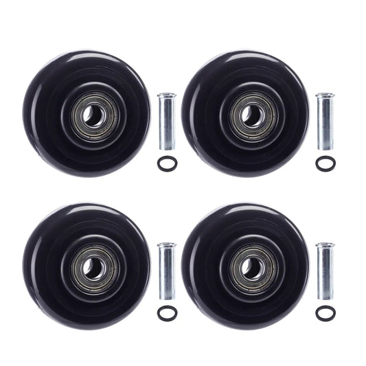 4 pack of 3 inch heavy duty PU board caster wheels for carts, shown with three-eighth inch axles and O-rings for platform trucks.