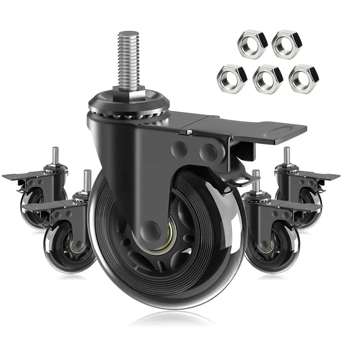 Five Pack 3 Inch Caster Wheels With Safety Dual Locking Brakes Heavy Duty Rubber Castors On 360 Degree Swivel Threaded Stem Mount Three Eighths Inch 16 UNC Suitable For Hardwood Carpet And Tile Floor Protection, includes nuts