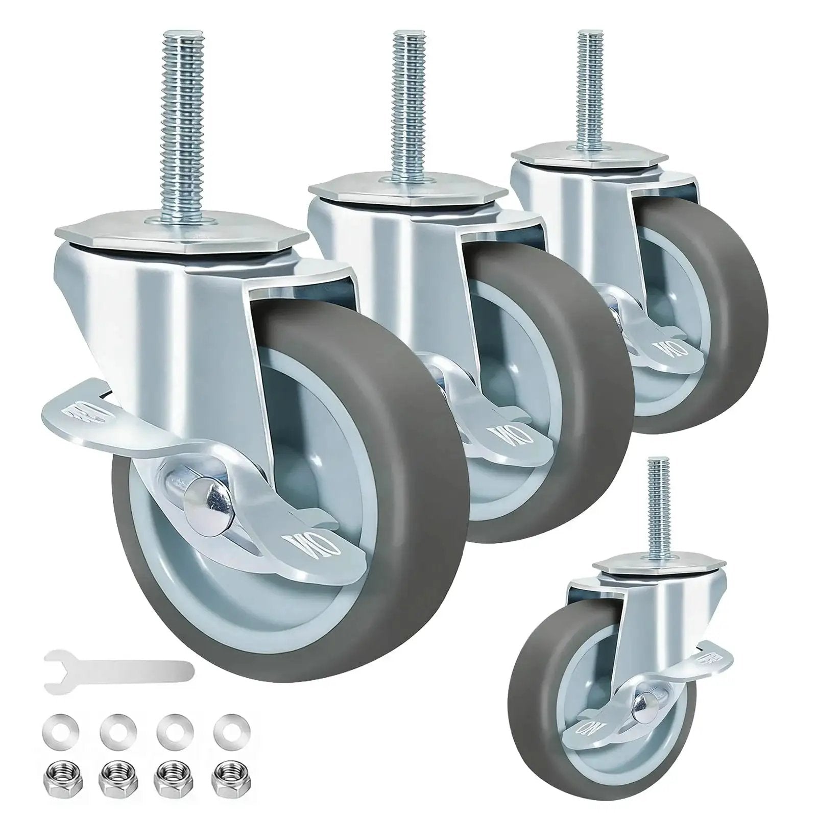Rubber Swivel Caster With Side Brakes, 3 Inch Wheel, Threaded Stem 3/8 Inch Diameter, Set of 4 for furniture and carts in grey.