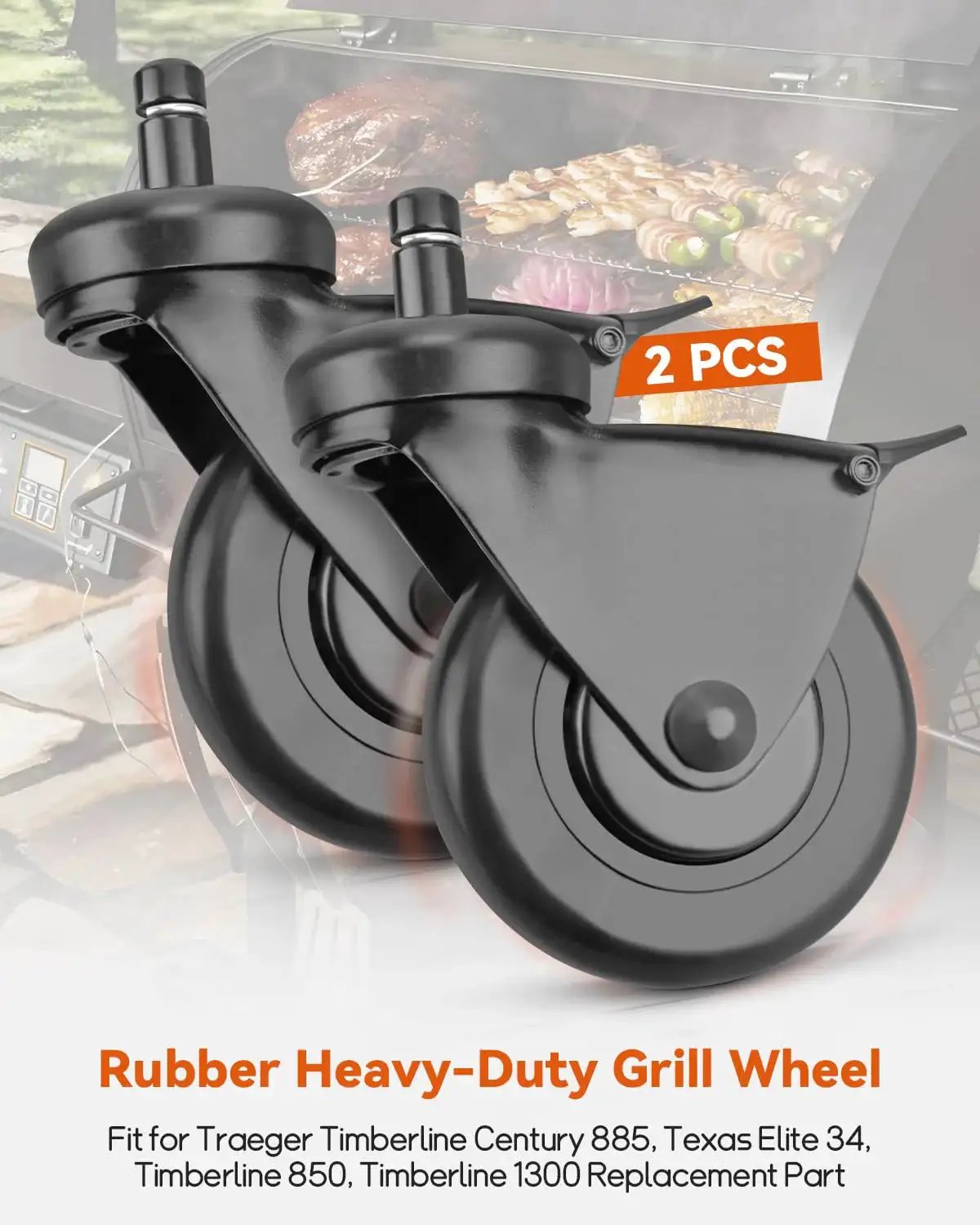3-Inch Rubber Heavy-Duty Grill Wheel With Brake, 2-Piece Caster Wheel Replacement For Pellet Grills Including Timberline 1300 850