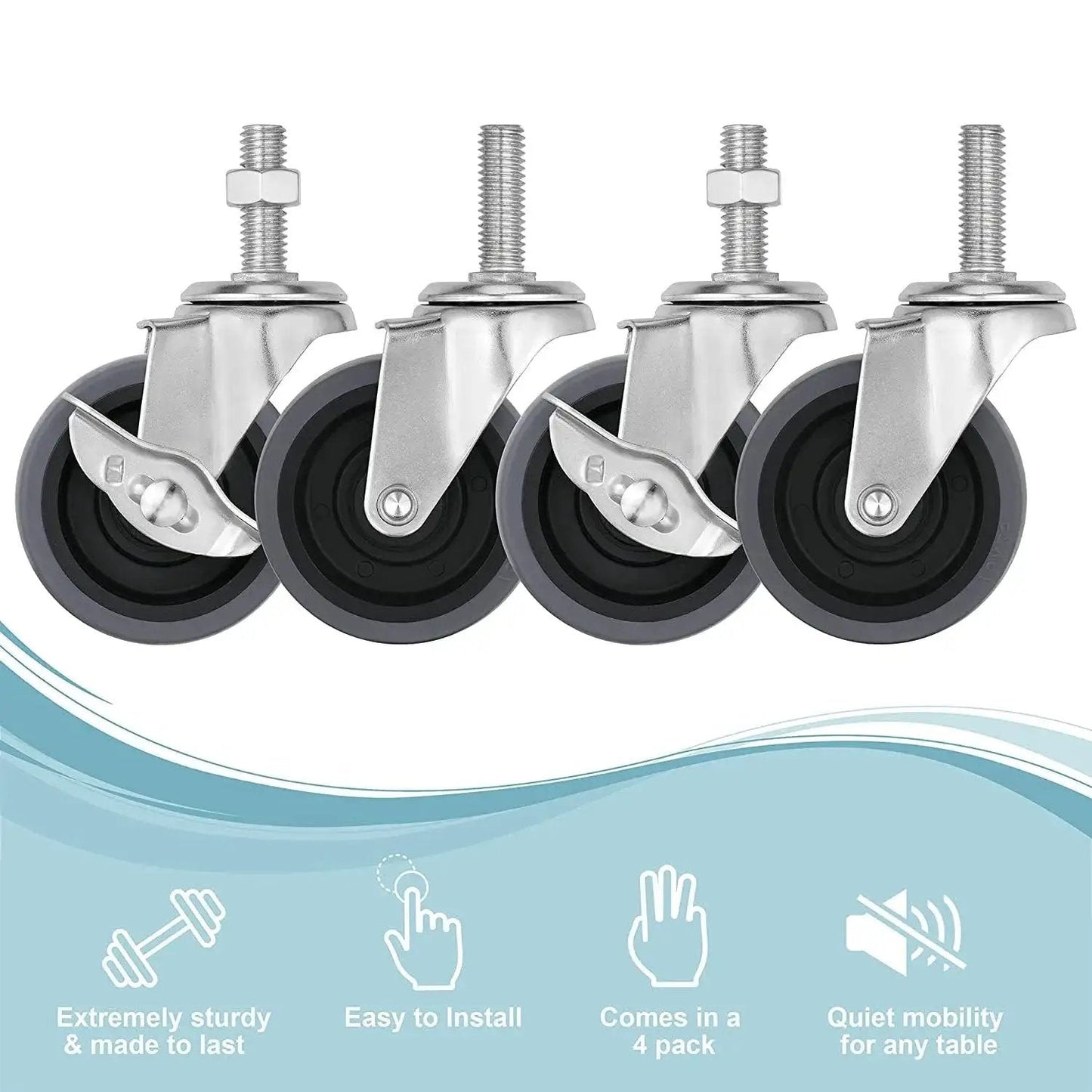 Locking Stem Caster Wheels Set Of Four Three Inch Heavy Duty Swivel Castors With Five Sixteenth Inch Stem Diameter And One And A Half Inch Stem Length Gray Finish Side Lock Brake 150 Lb Load Per Wheel 600 Lb Total Capacity, front view.