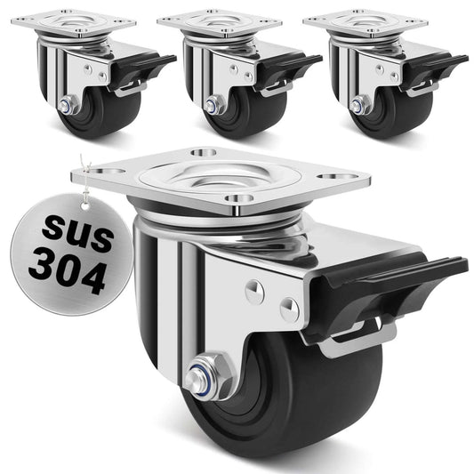 3 inch heavy duty stainless steel low profile caster wheels made from SUS 304, industrial casters with brakes and nylon wheels in a 4 pack