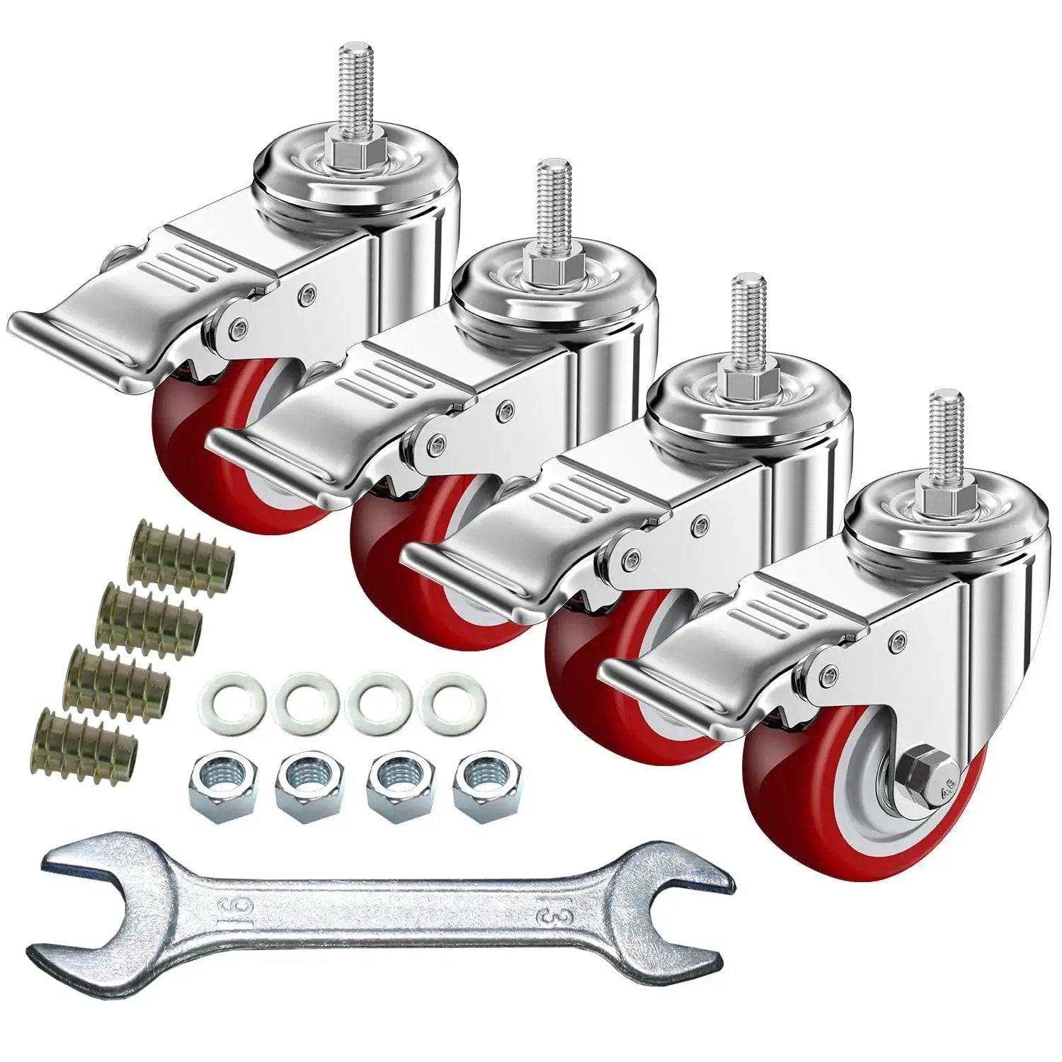Three Inch Heavy Duty Stem Casters 360 Degree Swivel Durable PVC Wheels With Three Eighths Inch By Sixteen Threads Per Inch One Inch Length Dual Safety Locks And Bearings Easy To Install For Furniture And DIY Tools shown with wrench and bolts