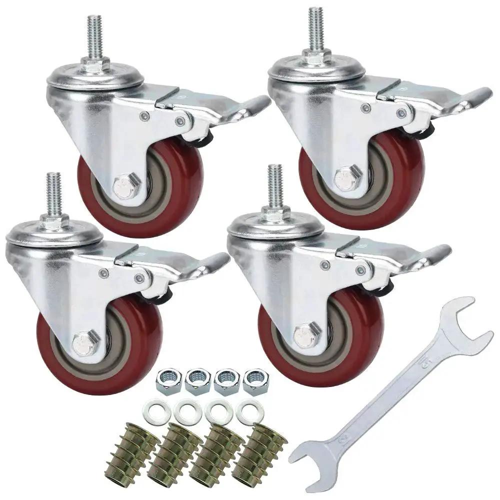 Image showing a set of four Three Inch Heavy Duty Stem Casters 360 Degree Swivel Durable PVC Wheels with accessories included.