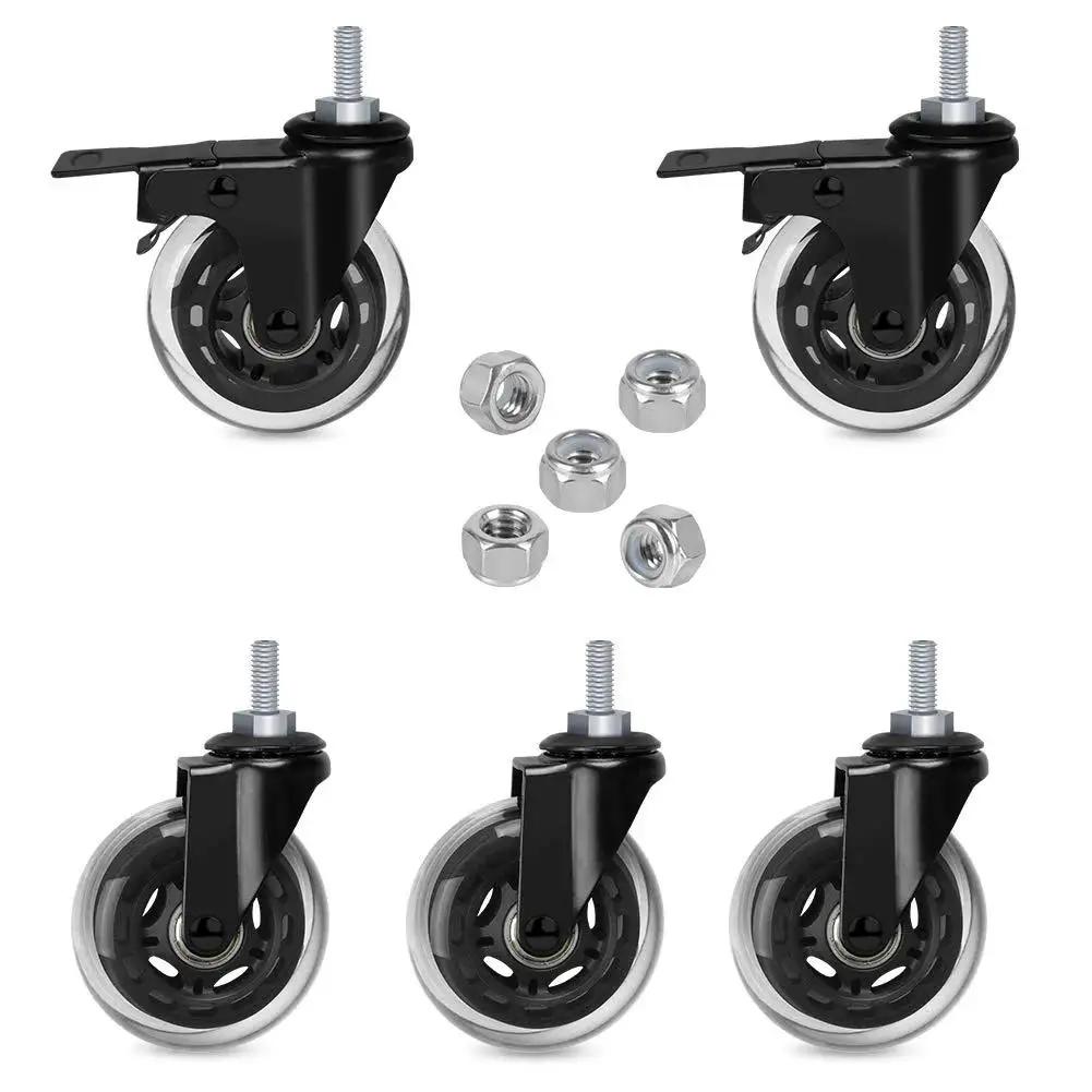 Three Inch Swivel Caster Set With Five Sixteenth Inch Threaded Stem Eighteen UNC Heavy Duty Casters for hardwood tile carpet floors