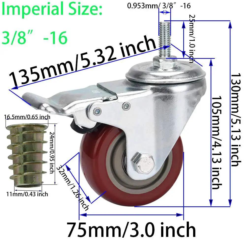 Three Inch Heavy Duty Stem Casters 360 Degree Swivel Durable PVC Wheels With Three Eighths Inch By Sixteen Threads Per Inch One Inch Length.