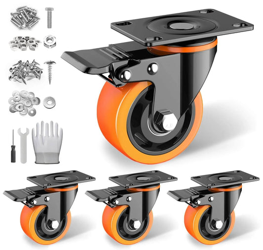 3 inch heavy duty caster wheels set of 4 with locking brakes, polyurethane wheels, hardware kits, gloves, and tools included