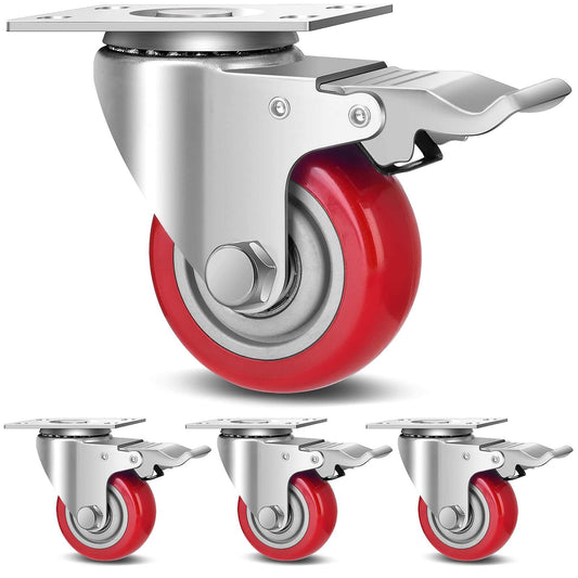 3 Inch Heavy Duty Industrial Swivel Caster Wheels with Brake, Set of 4, red polyurethane wheels with safety lock brake