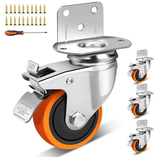 Front view of 3 Inch Side Mount Casters Set Of 4, L-Shape Heavy Duty Plate Casters With Brakes, Silent Rubber Swivel, 1000 Lbs Capacity
