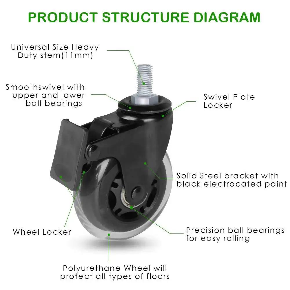 Brake Caster With Three Eighths Inch 16UNC Threaded Stem, Heavy Duty 3 Inch Lockable Bearing Caster With Lock Nuts For Office Chairs And Home Furniture, Set Of 5, Durable Steel Stem, Smooth Rolling Wheels, Anti Scratch Non Marking, Easy To Install product diagram