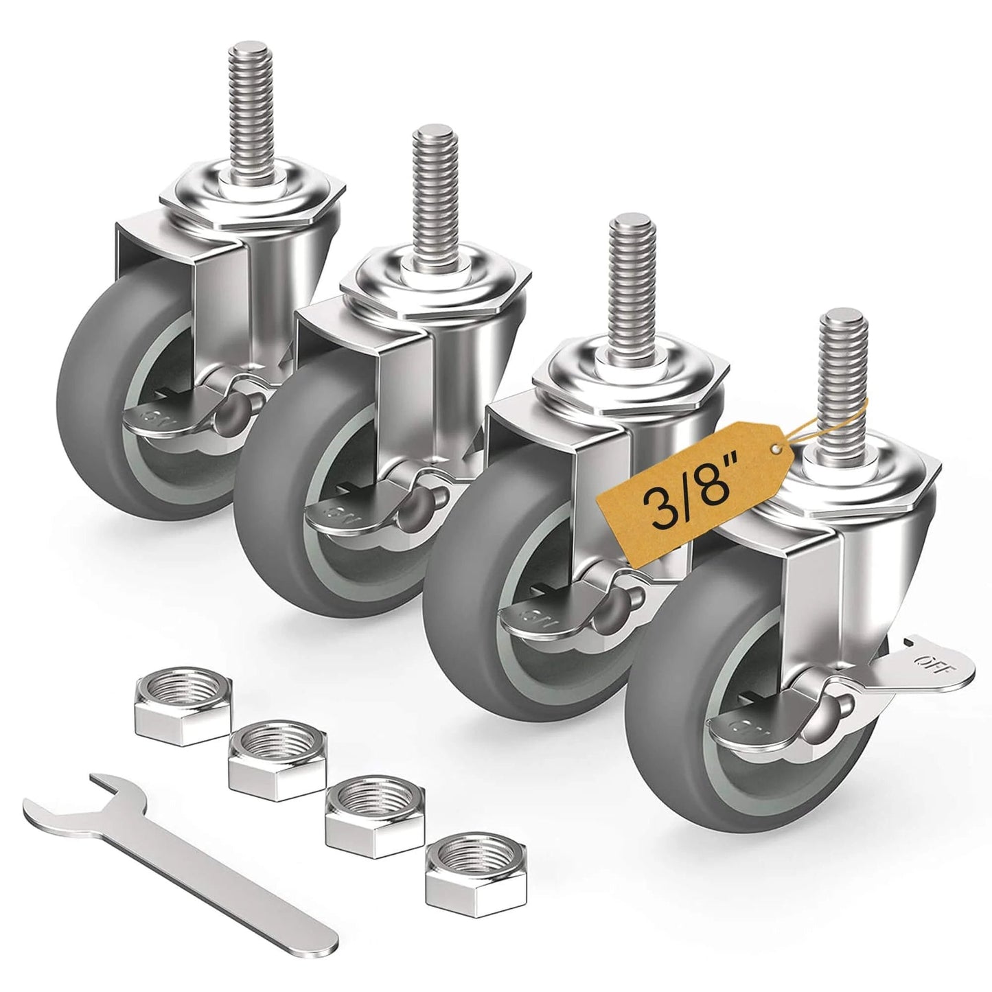 3 Inch Locking Caster Wheels Set of 4 with Threaded Stem 3/8-16 x 1-1/2, heavy duty swivel casters with side brake, wrench included