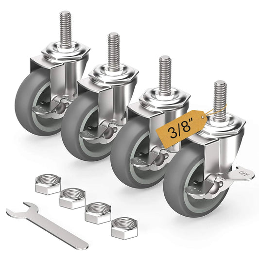 3 Inch Locking Caster Wheels Set of 4 with Threaded Stem 3/8-16 x 1-1/2, heavy duty swivel casters with side brake, wrench included