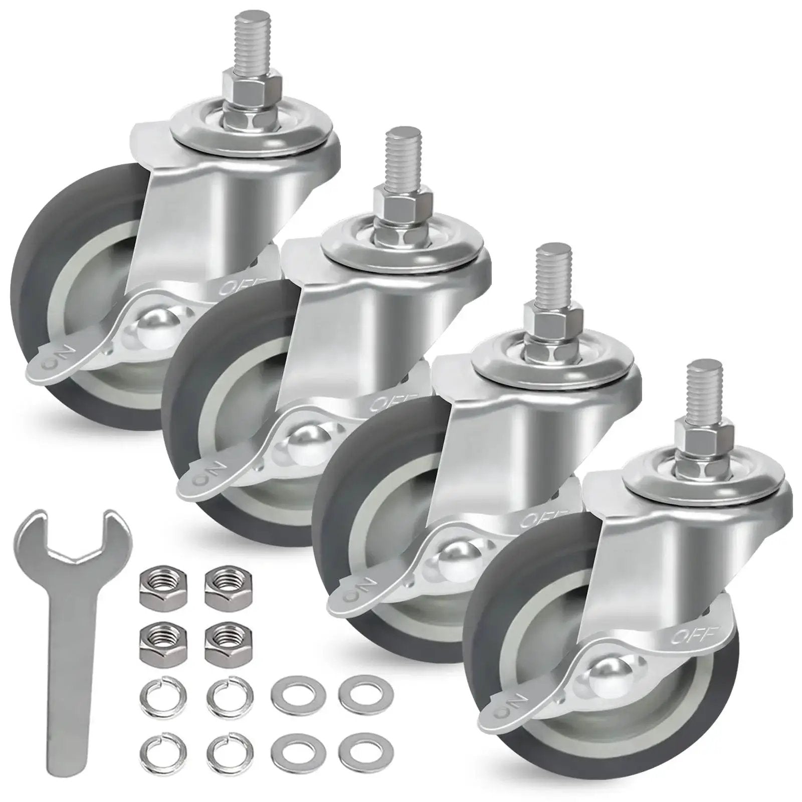 Set Of Four 3 Inch Caster Wheels With Locking Brakes, Rubber Heavy Duty Casters For Workbenches, Carts, Furniture, Dolly, And Trolley, M10 X 1.5 Threaded Stem, Industrial Swivel Castors With 360 Degree Rotation shown with accessories