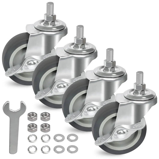 Set Of Four 3 Inch Caster Wheels With Locking Brakes, Rubber Heavy Duty Casters For Workbenches, Carts, Furniture, Dolly, And Trolley, M10 X 1.5 Threaded Stem, Industrial Swivel Castors With 360 Degree Rotation shown with accessories