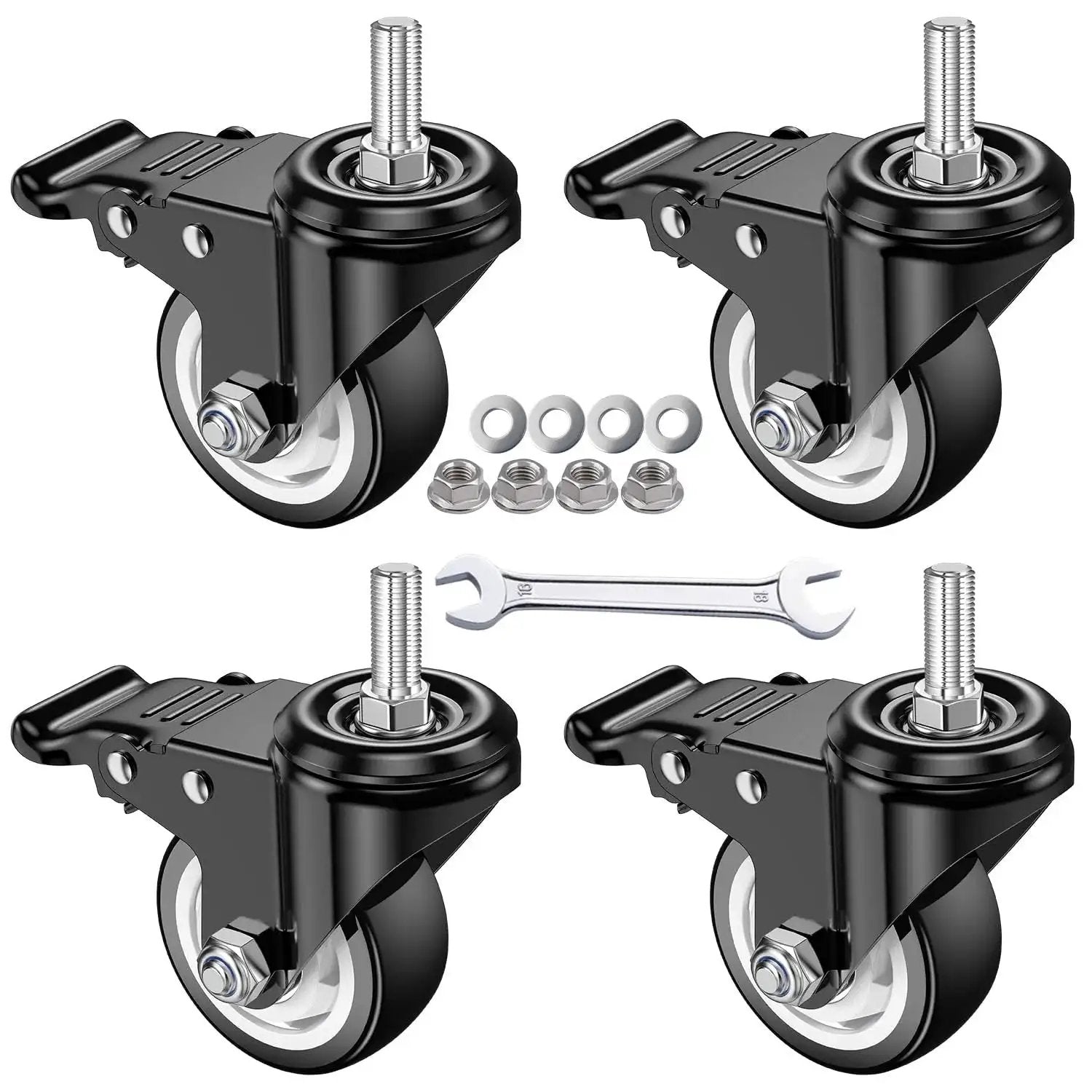 Four 3 Inch Stem Casters With M12 Thread, 12mm Diameter By 30mm Length, Heavy Duty Locking Swivel Caster Wheels, with installation tools.