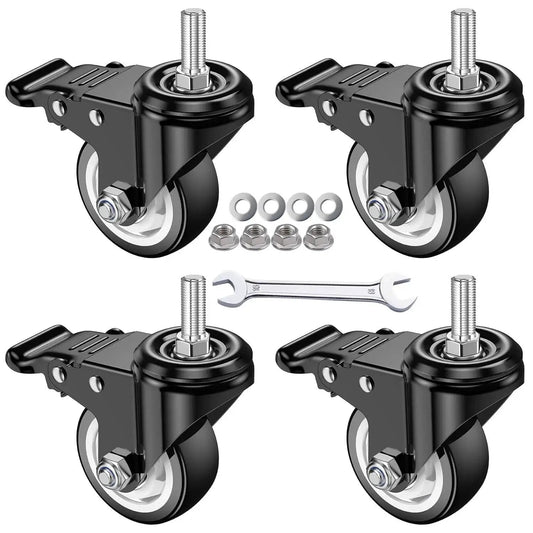 Four 3 Inch Stem Casters With M12 Thread, 12mm Diameter By 30mm Length, Heavy Duty Locking Swivel Caster Wheels, with installation tools.