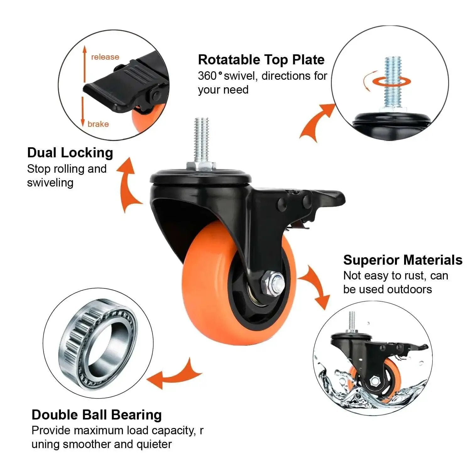 Three Inch Stem Caster Wheels Four Pack M10 1.5x25mm Threaded Stem Heavy Duty Swivel Casters With Safety Dual Locking Brakes Noiseless