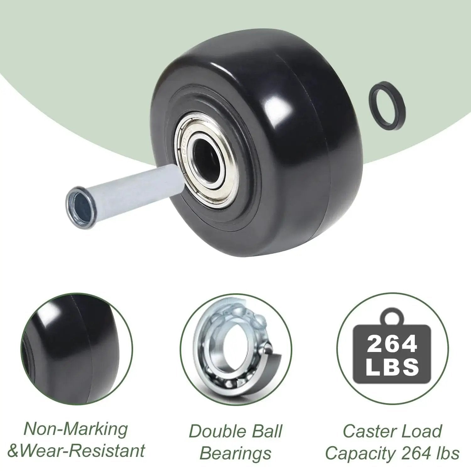 Set Of 4 PU Caster Wheels, 3 Inch Wide, 75mm Diameter, 1-1/4 Inch Wheel Width, 3/8 Inch Axle, showing non-marking, wear-resistant design
