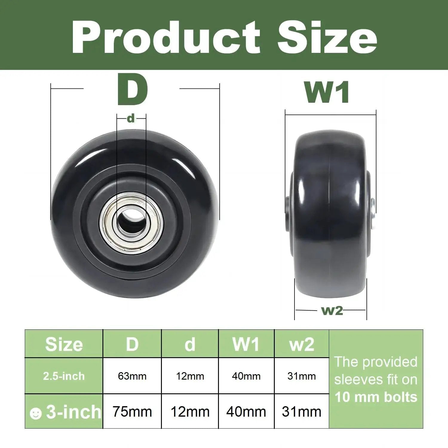 Diagram showing size dimensions for 3-inch PU caster wheels, 75mm diameter, 31.75mm wide for Set Of 4 PU Caster Wheels.