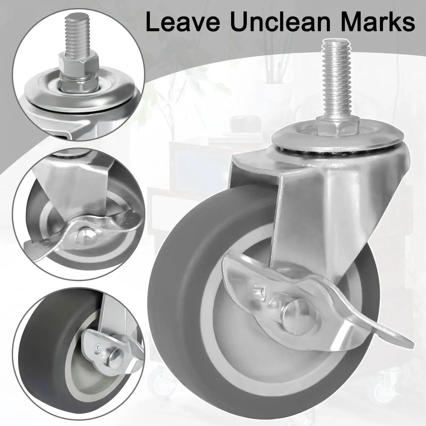 Close-up of Set Of Four 3 Inch Caster Wheels With Locking Brakes, Rubber Heavy Duty Casters, showing metal stem and brake