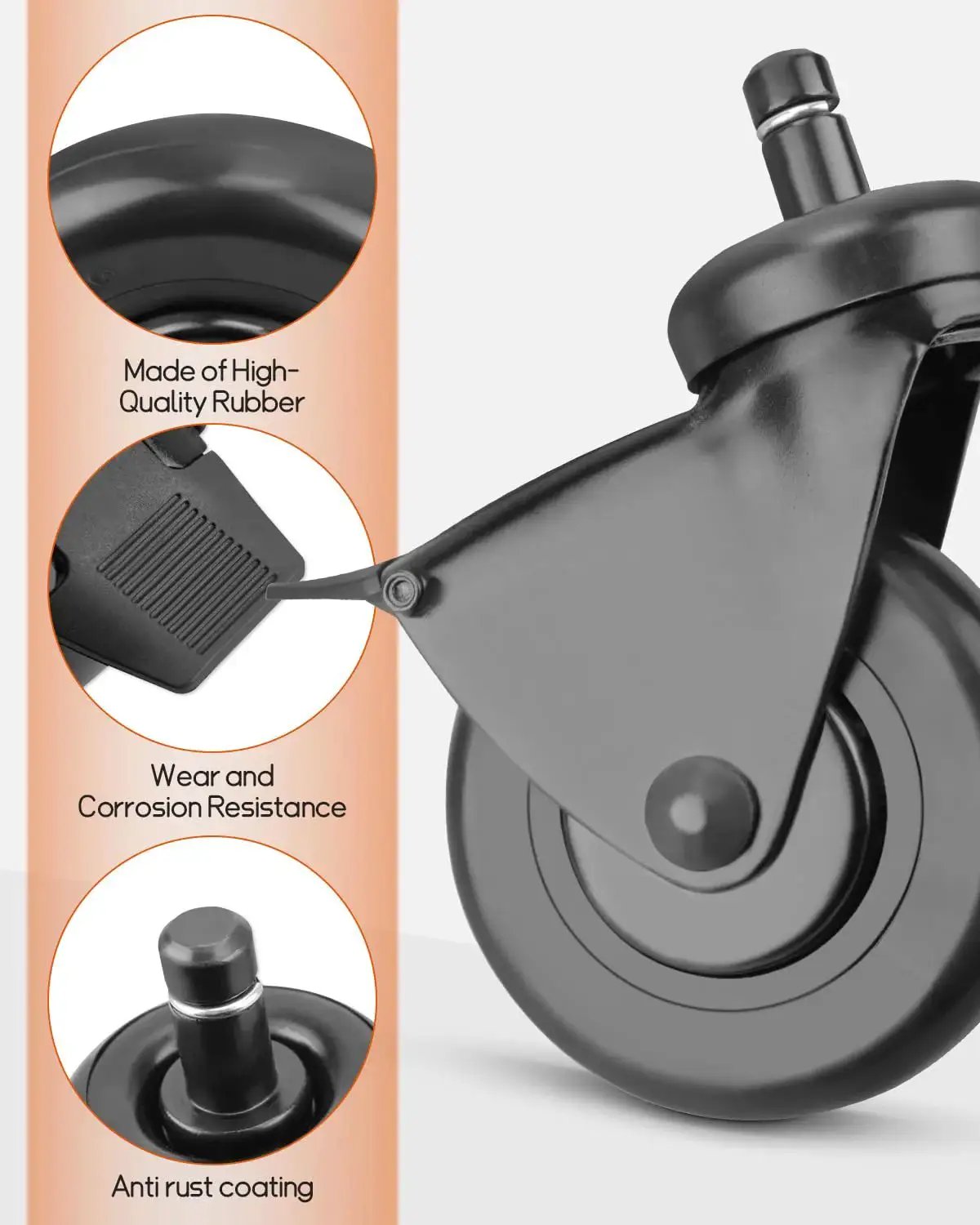 Close-up of a 3-inch rubber heavy-duty grill wheel with brake, highlighting features for pellet grills including Timberline 1300.