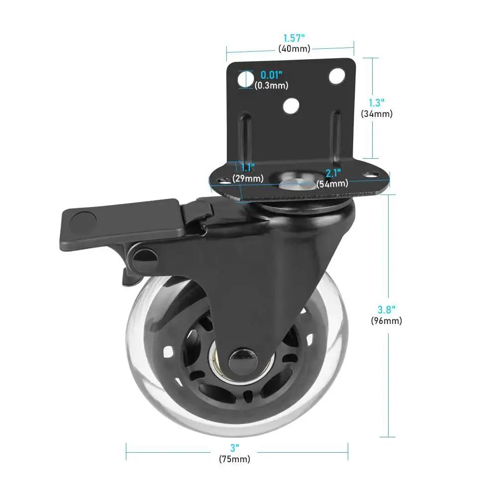 Side Mount Casters Set Of 4 With Brake, 3 Inch L Shaped Plate Casters For Furniture, showing black polyurethane wheel and mounting plate