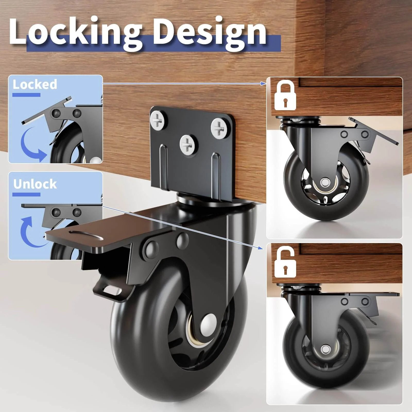 3 Inch Side Mount Plate Caster Wheels L Shaped Heavy Duty Set of 4 with Brake 360 Degree Swivel Locking Castors 1200 Lbs Capacity