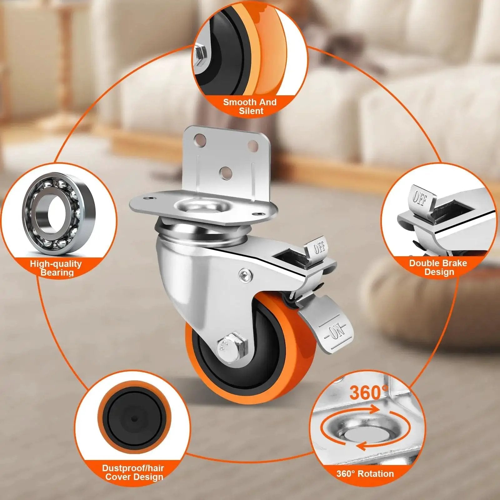 3 Inch Side Mount Casters Set Of 4, L-Shape Heavy Duty Plate Casters With Brakes, 1000 Lbs Total Capacity, Silent Rubber Swivel Casters