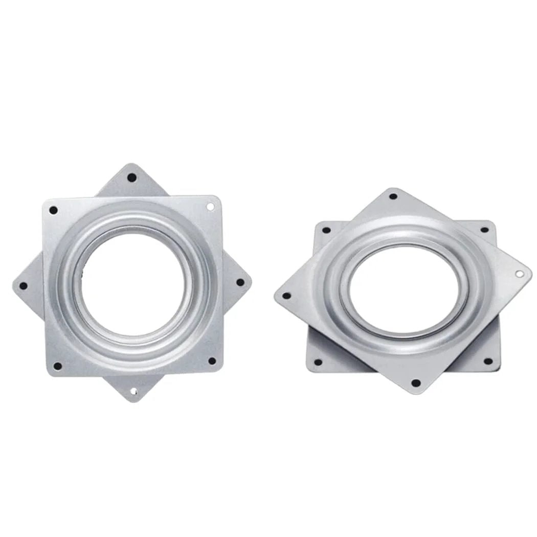 4 Pack 3 Inch Square Lazy Susan Hardware, Metal Turntable Bearings with Steel Ball Raceway, showing zinc plated swivel plates for cabinets