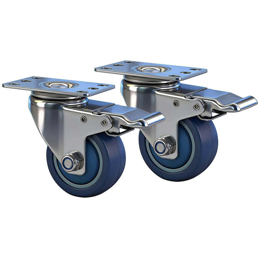 3 inch stainless steel caster wheels with total lock brake made from SUS 304, washable maintenance free casters designed for sanitary use in a 2 pack