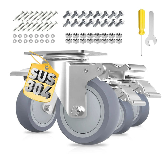 3 inch stainless steel caster wheels with brakes, heavy duty 304 swivel casters featuring quiet TPR wheels in a 4 pack