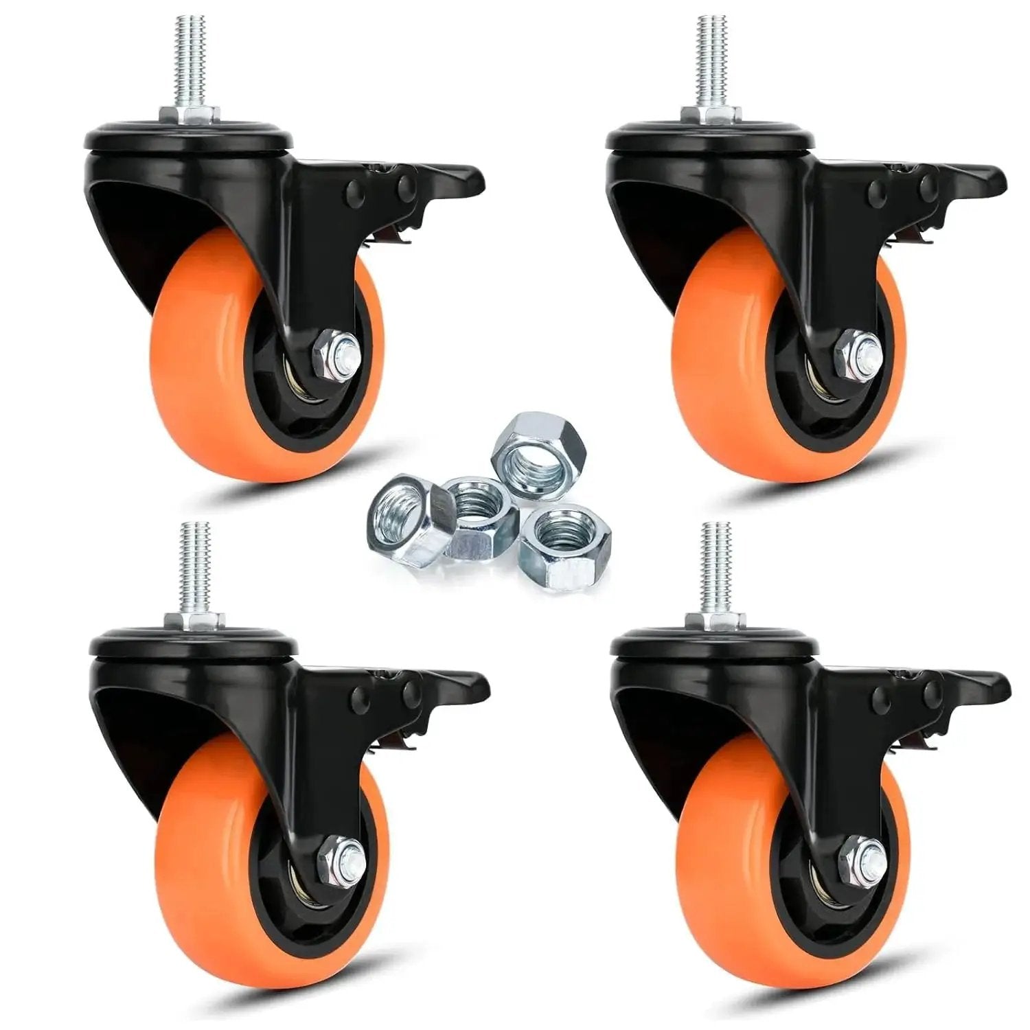 Three Inch Stem Caster Wheels Four Pack M10 1.5x25mm Threaded Stem Heavy Duty Swivel Casters With Safety Dual Locking Brakes Noiseless Operation 1000 LB Capacity