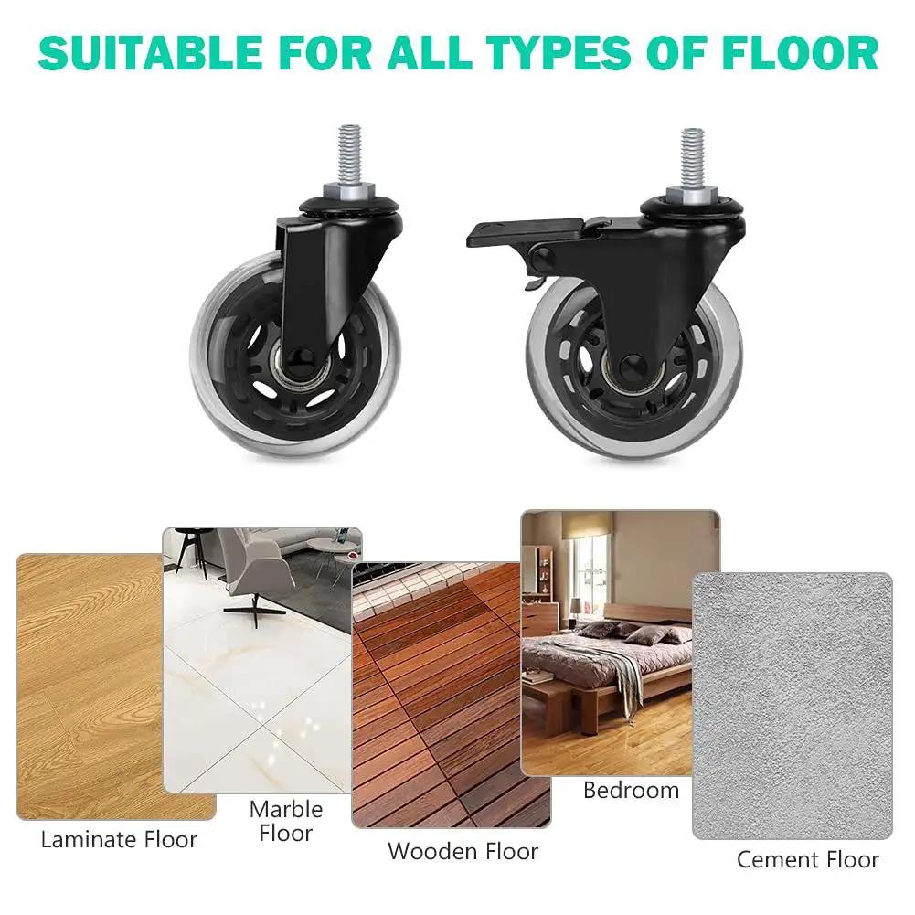 Two casters from Three Inch Swivel Caster Set With Five Sixteenth Inch Threaded Stem Eighteen UNC Heavy Duty for various floors