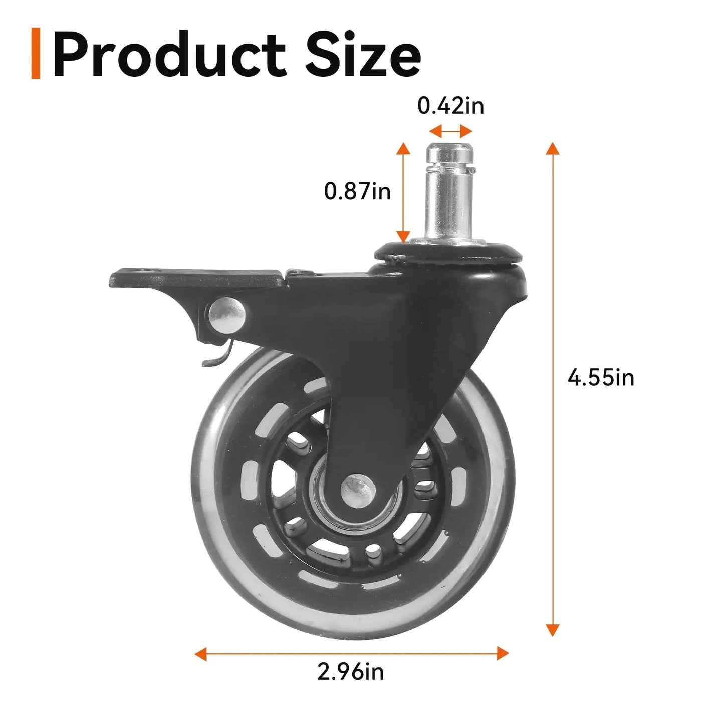Side view of a 3-inch rubber swivel caster wheel with brake showing product dimensions for heavy-duty grill use.