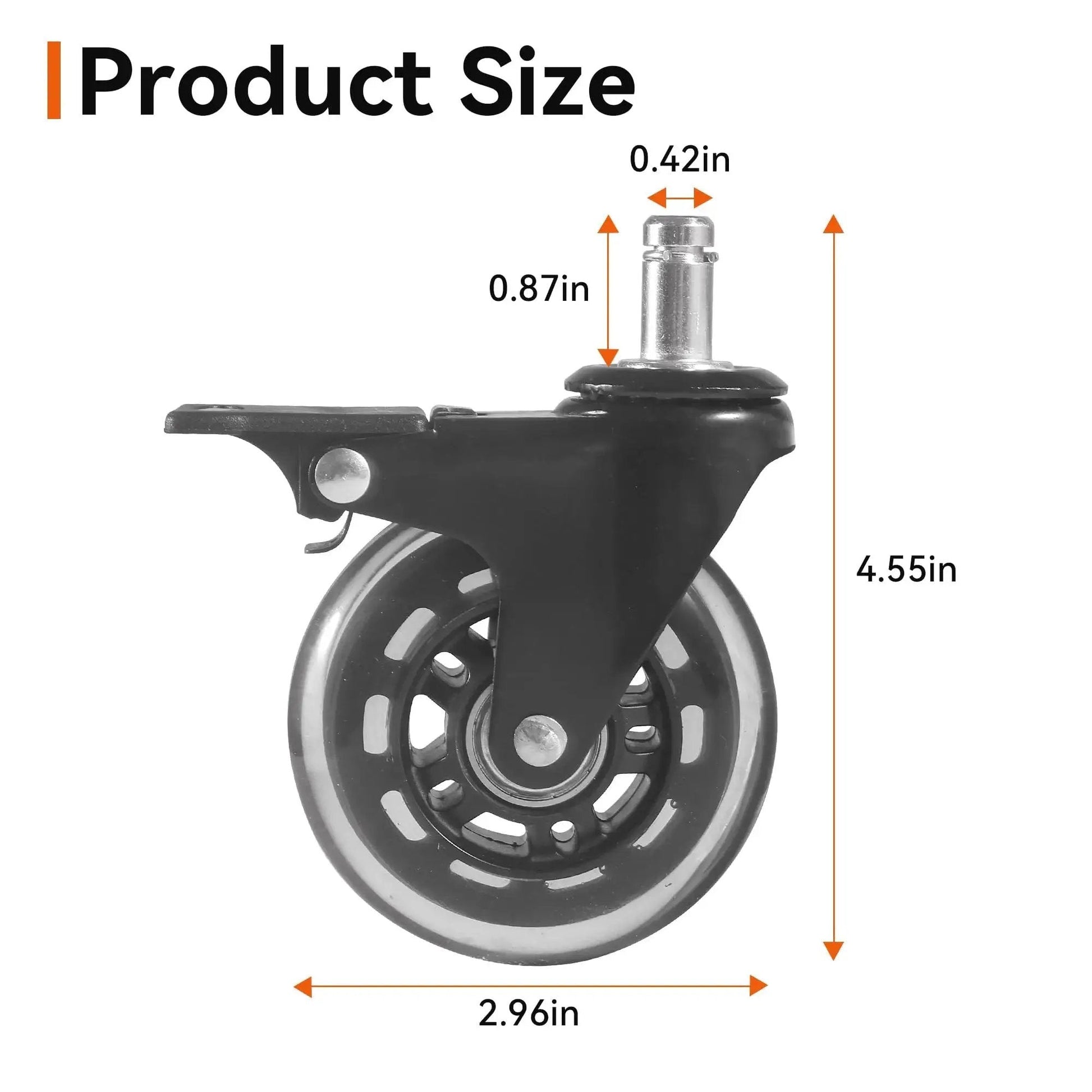 Side view of a 3-inch rubber swivel caster wheel with brake showing product dimensions for heavy-duty grill use.