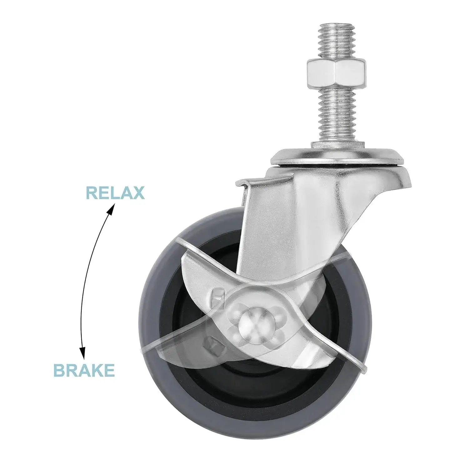 3 Inch Caster Wheels Set Of Four With Side Brake Heavy Duty Swivel Casters For Workbenches Carts And Shelving Units 600 Lb Per Wheel Load Capacity M12 1.75 By 25 Mm Threaded Stem Quiet Non Marring Replacement close-up
