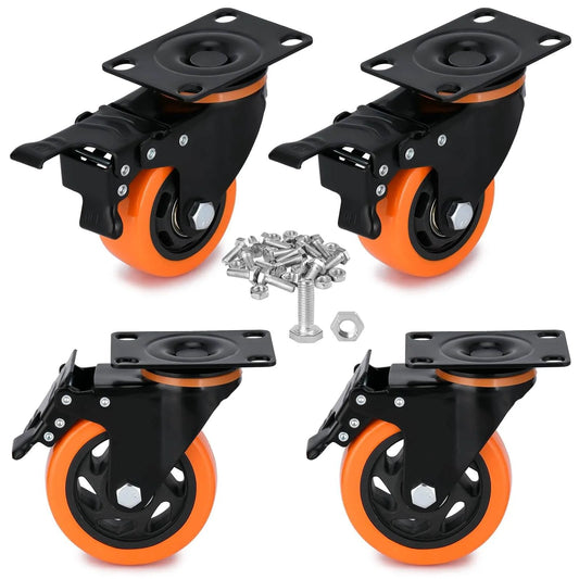 3 inch heavy duty plate swivel caster wheels set of 4 with safety brakes silent non marking PVC wheels rated 1800 lb total steel body dual locking swivel casters for furniture equipment carts & displays