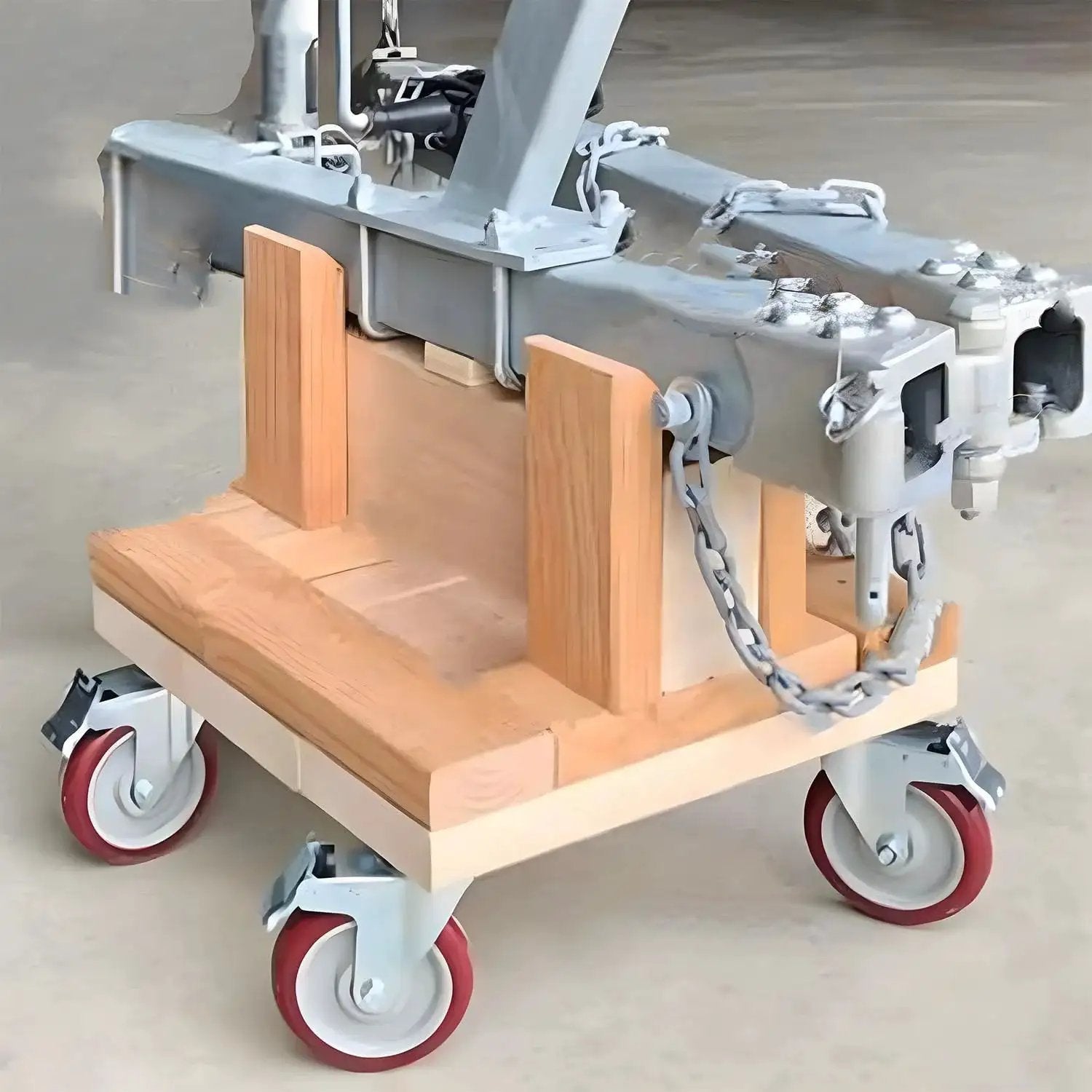Three Inch Heavy Duty Stem Casters 360 Degree Swivel Durable PVC Wheels With Three Eighths Inch By Sixteen Threads Per Inch One Inch Length Dual Safety Locks And Bearings Easy To Install For Furniture And DIY Tools mounted on wooden platform